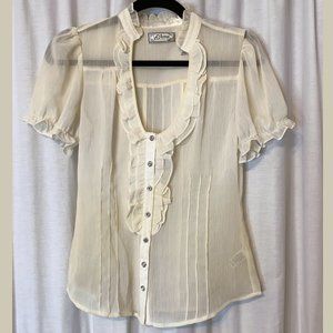 Guess Sheer Blouse With Ruffles - Size M - Cream - Off White - Like New